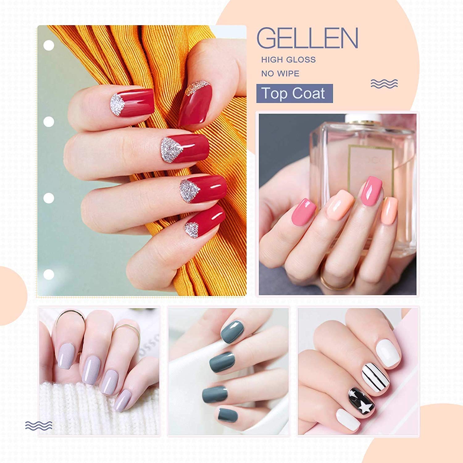 Gellen No Wipe Top Coat Base Coat for Gel Nail Polish