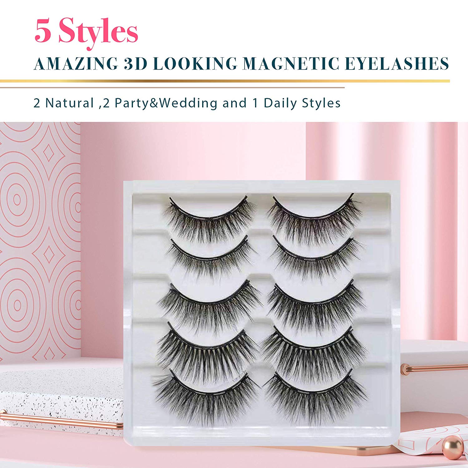 5 Pairs Reusable Magnetic Eyelashes and Eyeliner Kit